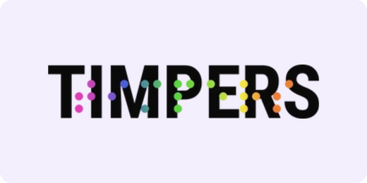 Timpers logo in blakc capitals with coloured dots indicating braille